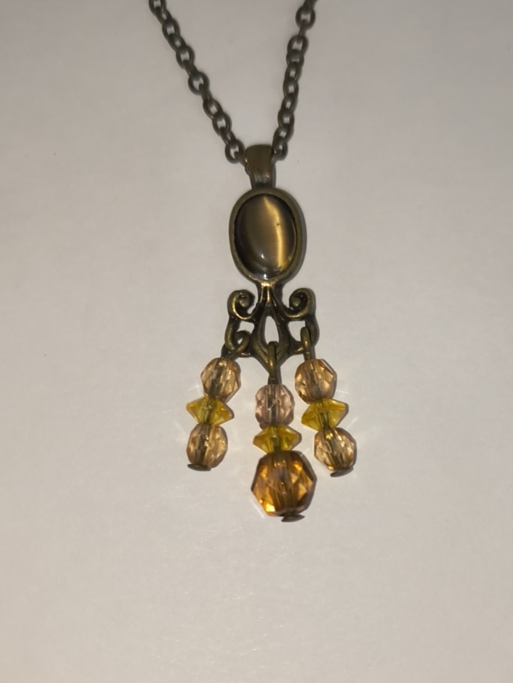 Antique Style Brass Chain Necklace with Acrylic Amber Crystal Drops